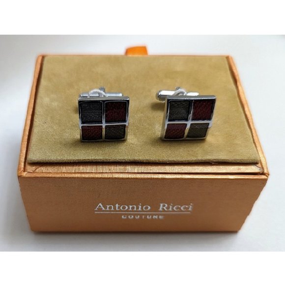 🆕 ART DECO BURGUNDY & STEEL GRAY SILVER PLATED CUFF LINKS - MEN - Picture 2 of 2